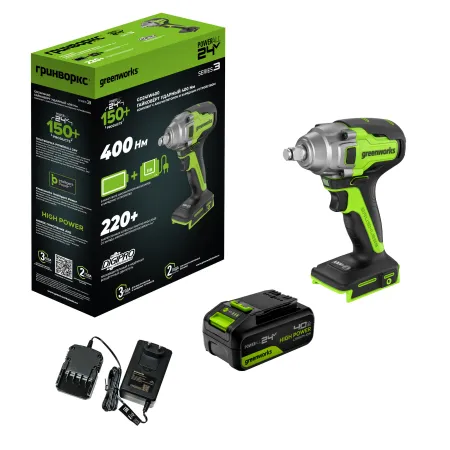 Гайковерт ударный акк. Greenworks GD24IW400, 24V,б/щет, 1/2'', 400Нм, 1х4Ач, ЗУ, кор купить в Минске
